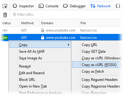 'Copy as cURL' in Firefox